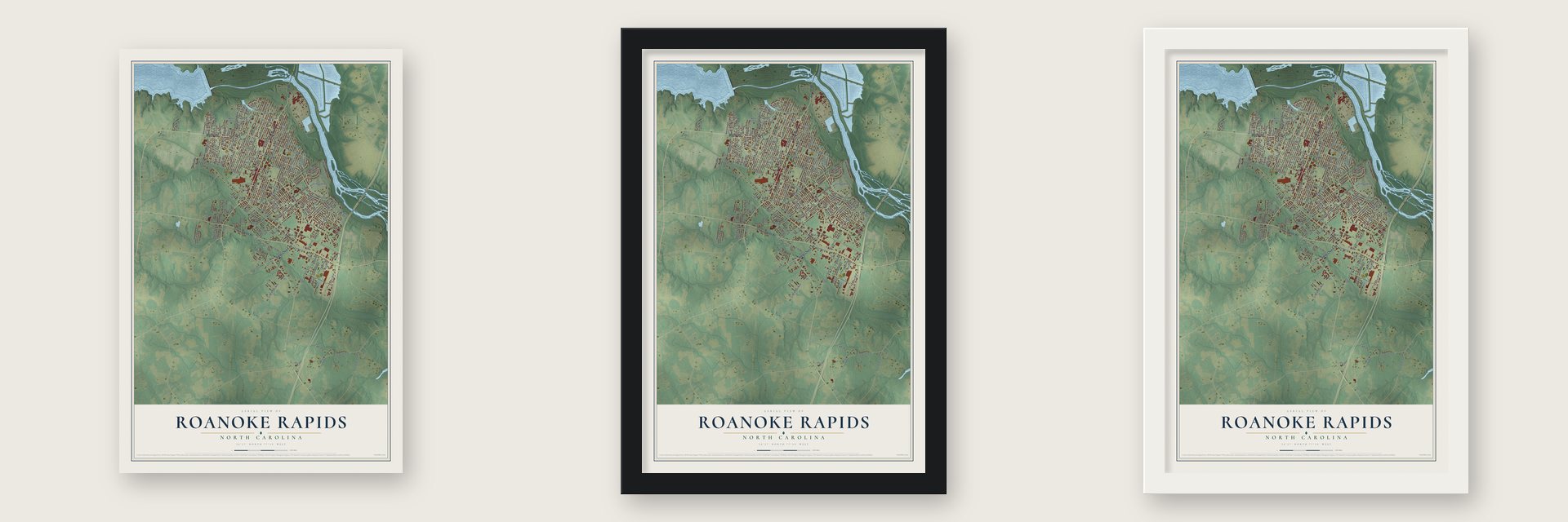 Roanoke Rapids, North Carolina map unframed, in a black wood frame and in a white wood frame