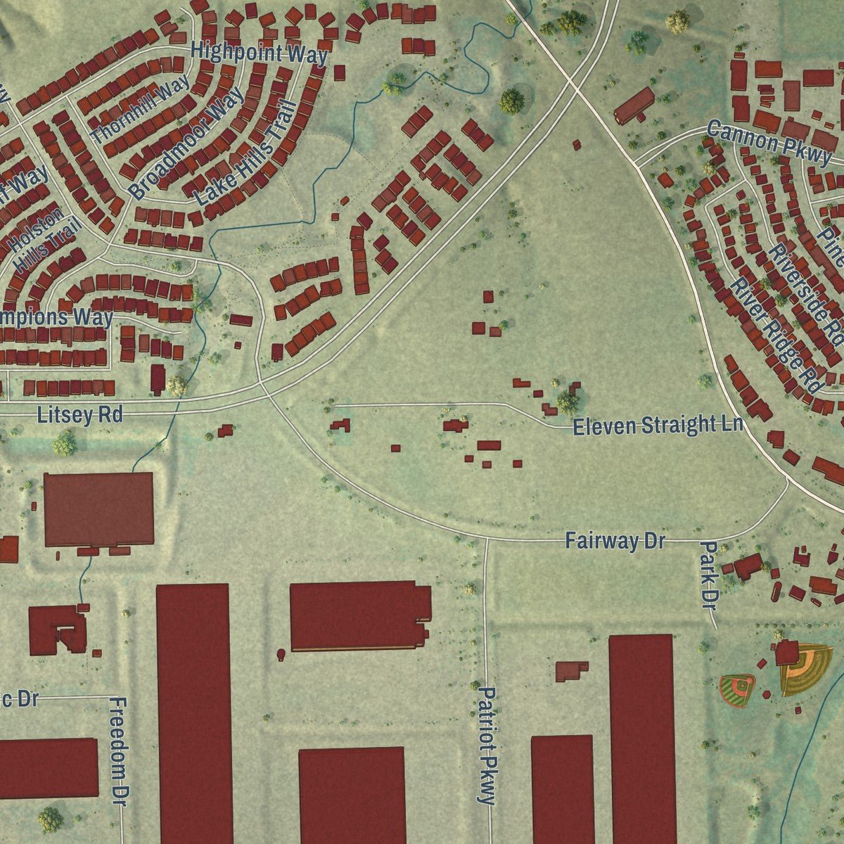 Second close-up of the map of Roanoke, Texas print showing more streets and buildings