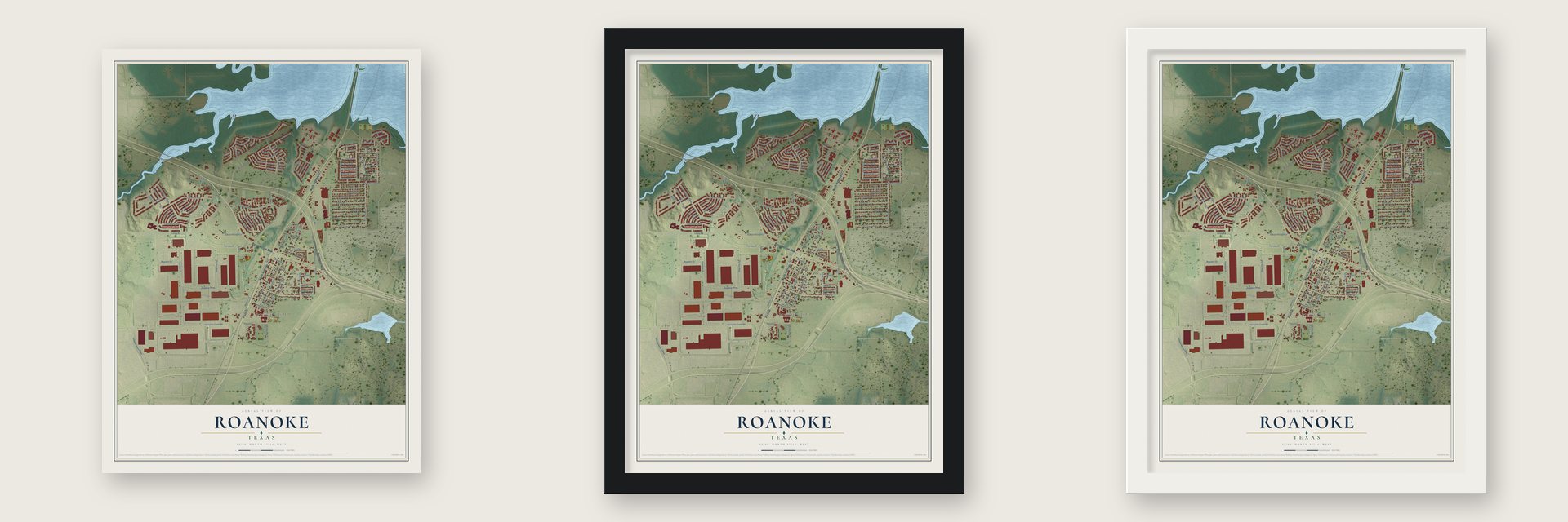 Roanoke, Texas map unframed, in a black wood frame and in a white wood frame