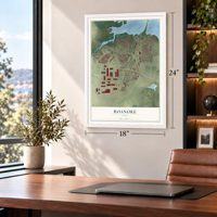 Roanoke, Texas map, 18 x 24 inch print in a white frame in a home office