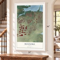Roanoke, Texas map, 24 x 36 inch print in a white frame by a staircase