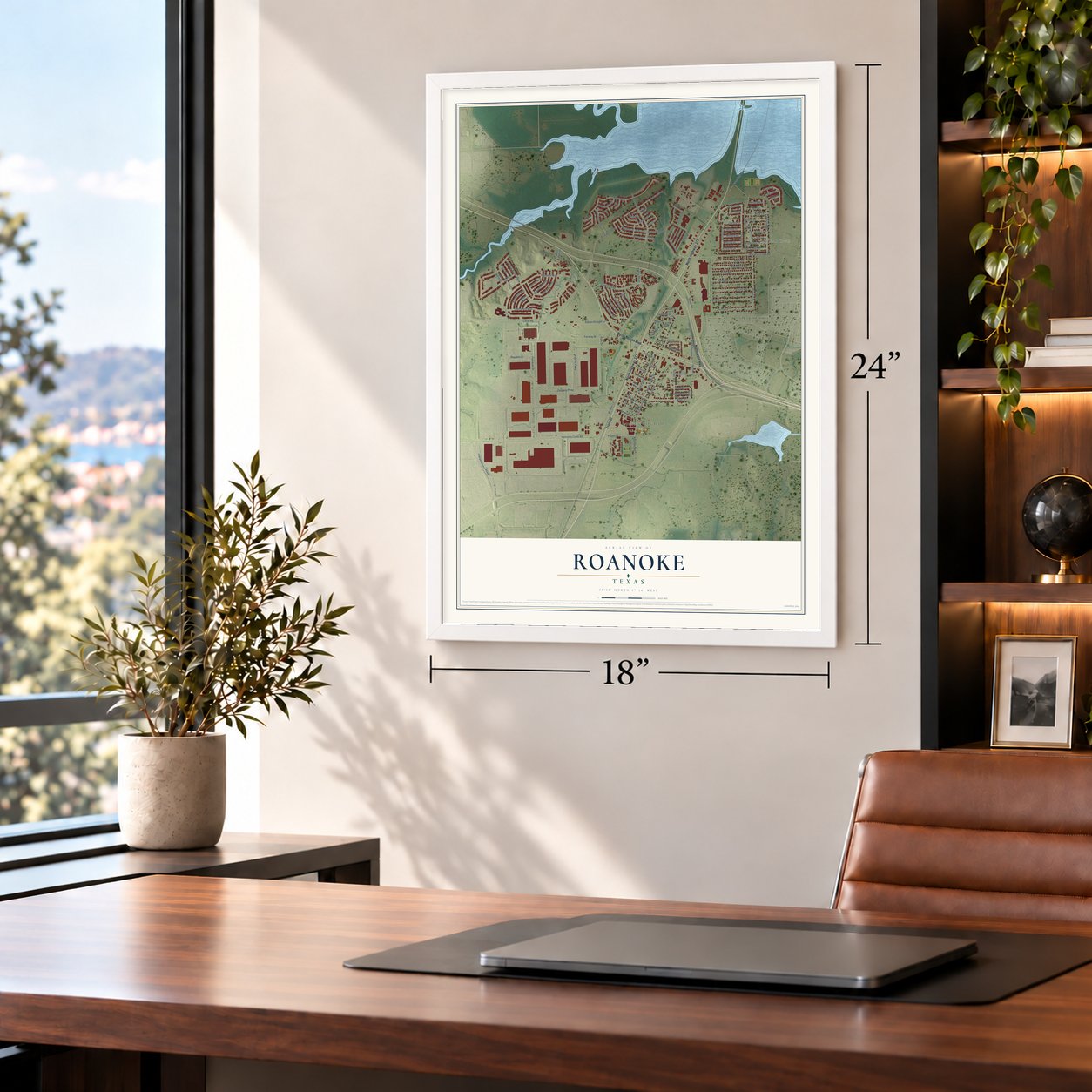 Roanoke, Texas map, 18 x 24 inch print in a white frame in a home office
