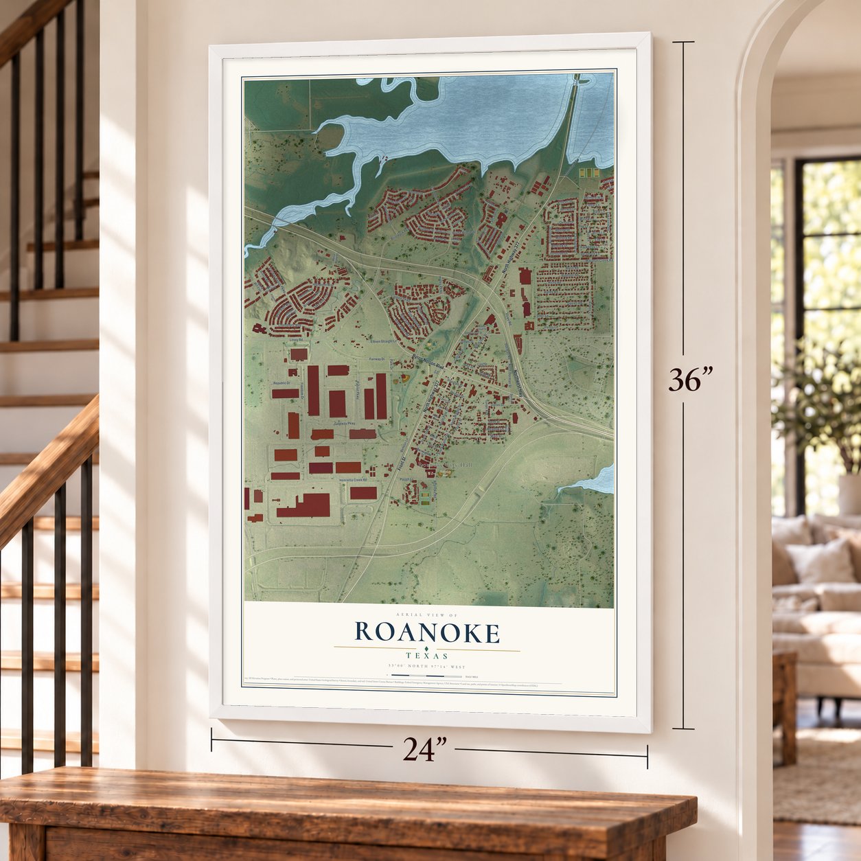 Roanoke, Texas map, 24 x 36 inch print in a white frame by a staircase