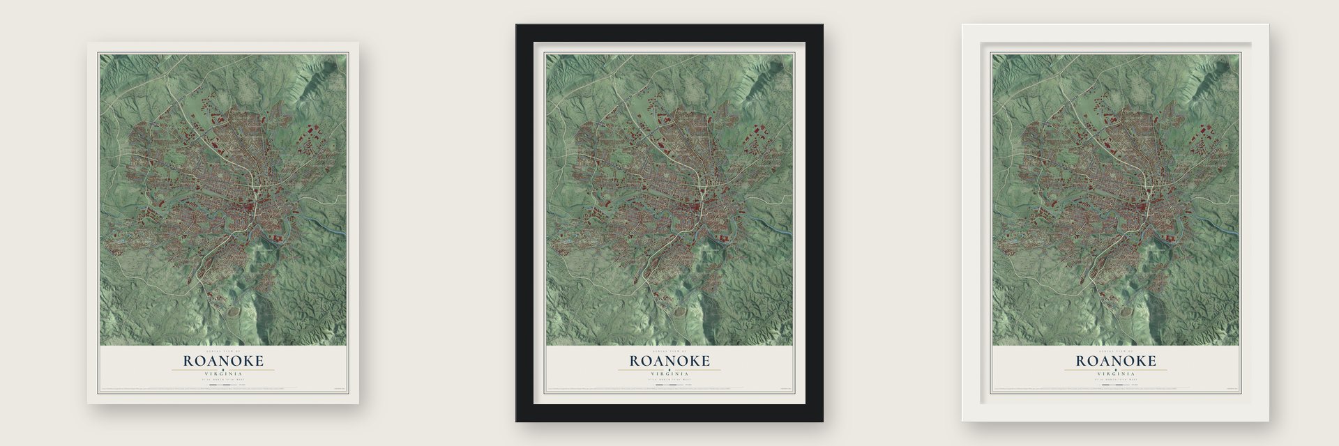 Roanoke, Virginia map unframed, in a black wood frame and in a white wood frame