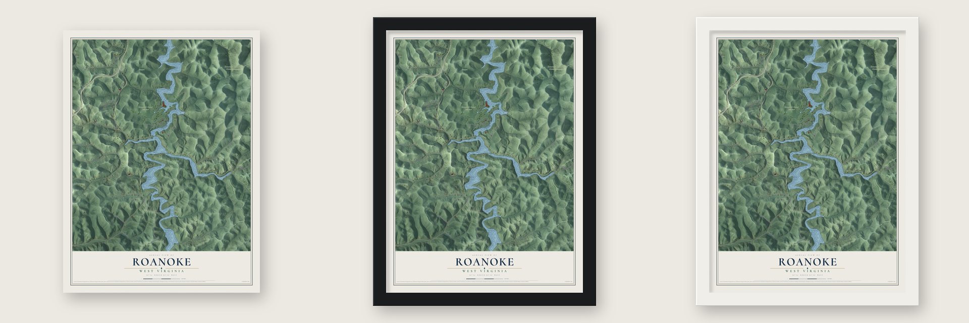 Roanoke, West Virginia map unframed, in a black wood frame and in a white wood frame