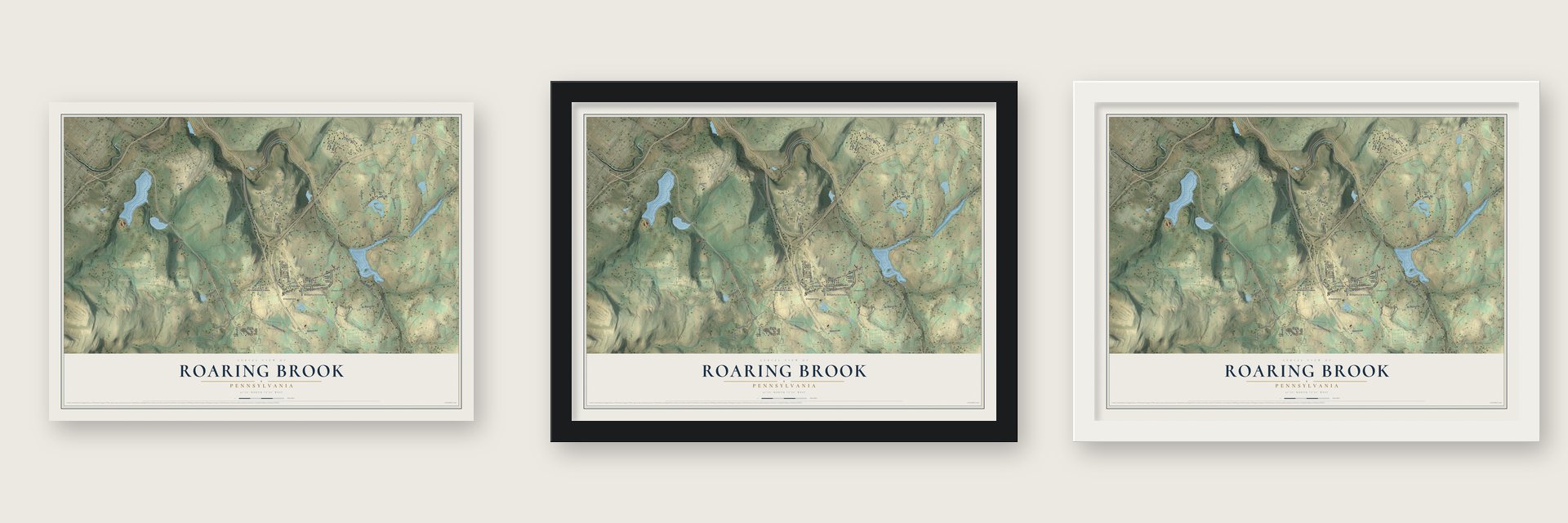 Roaring Brook, Pennsylvania map unframed, in a black wood frame and in a white wood frame