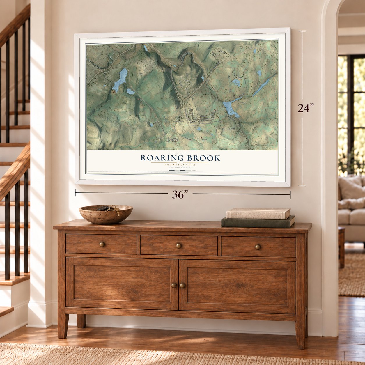 Roaring Brook, Pennsylvania map, 24 x 36 inch print in a white frame above a dresser by a staircase
