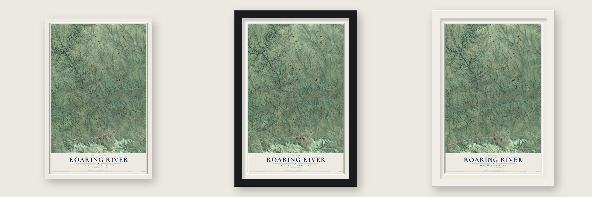 Roaring River, North Carolina map unframed, in a black wood frame and in a white wood frame