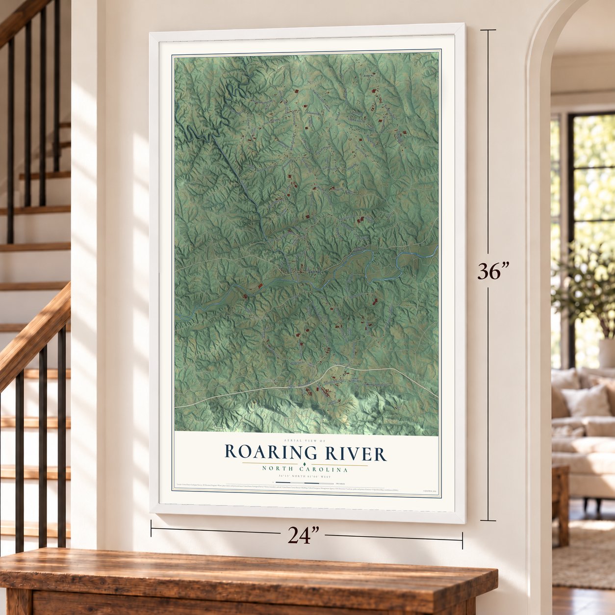 Roaring River, North Carolina map, 24 x 36 inch print in a white frame by a staircase