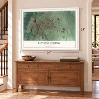 Roaring Spring, Pennsylvania map, 24 x 36 inch print in a white frame above a dresser by a staircase