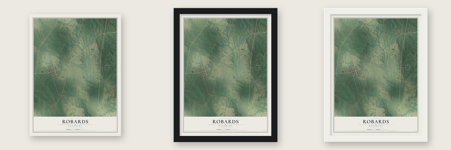 Robards, Kentucky map unframed, in a black wood frame and in a white wood frame