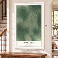 Robards, Kentucky map, 24 x 36 inch print in a white frame by a staircase