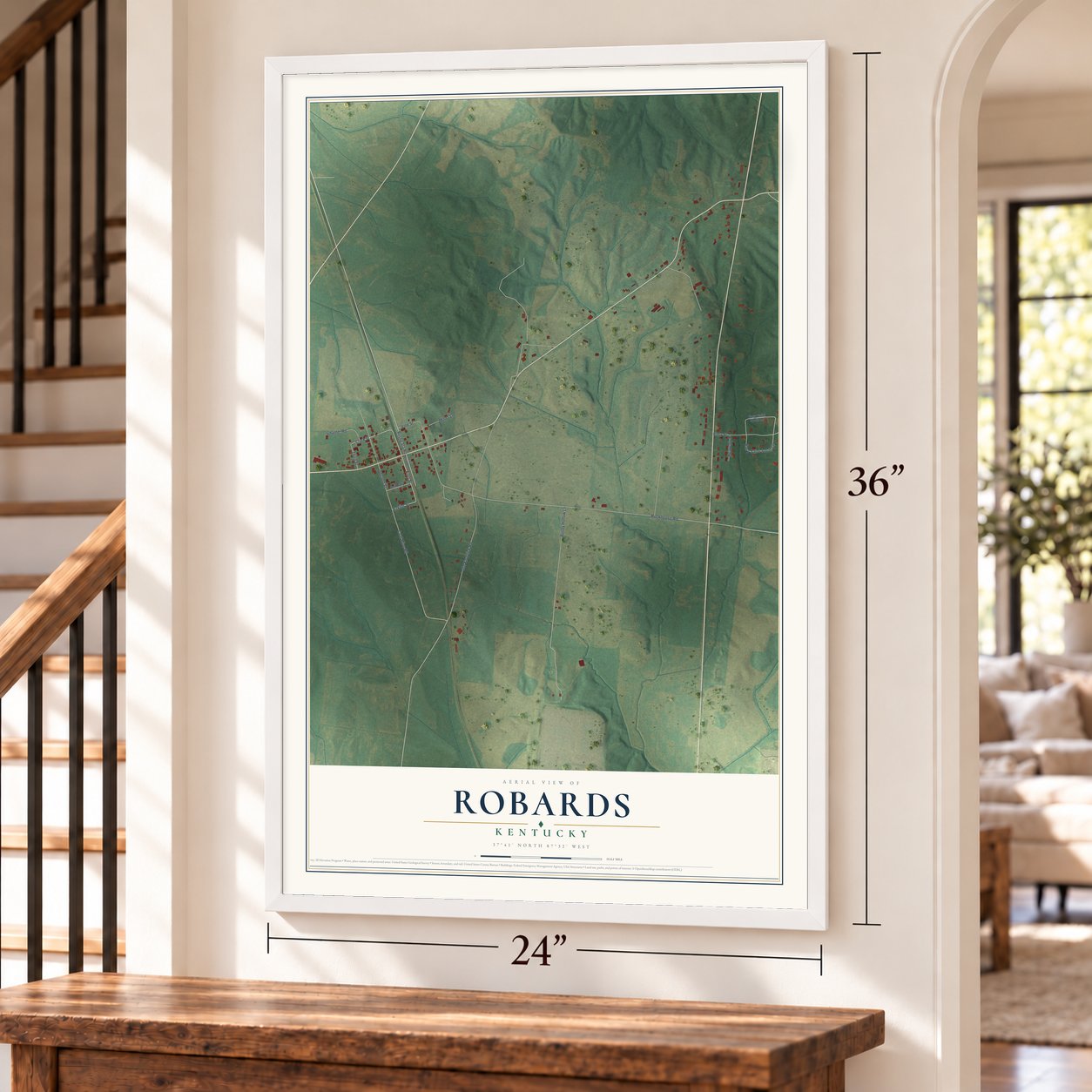 Robards, Kentucky map, 24 x 36 inch print in a white frame by a staircase