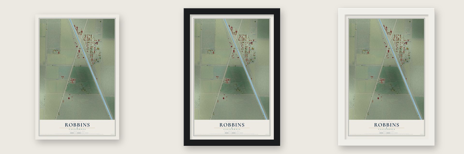 Robbins, California map unframed, in a black wood frame and in a white wood frame