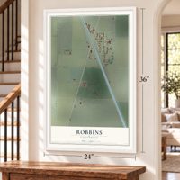 Robbins, California map, 24 x 36 inch print in a white frame by a staircase