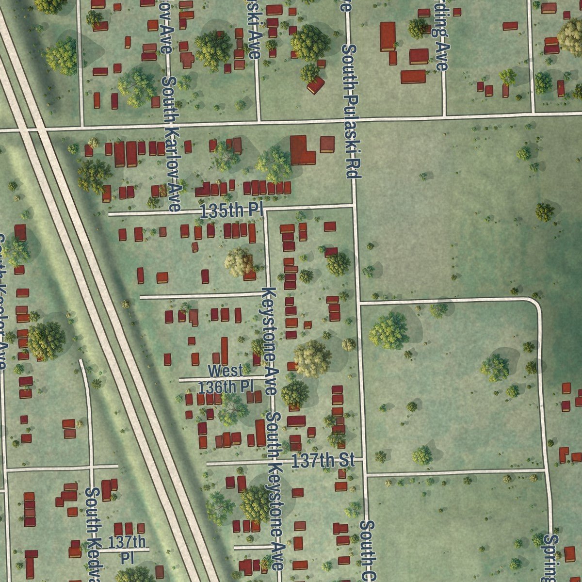 Second close-up of the map of Robbins, Illinois print showing more streets and buildings