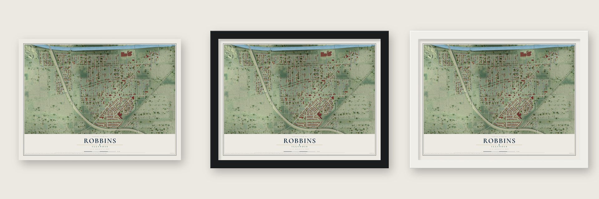 Robbins, Illinois map unframed, in a black wood frame and in a white wood frame