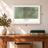 Robbins, Illinois map, 12 x 18 inch print in a white frame in an entryway