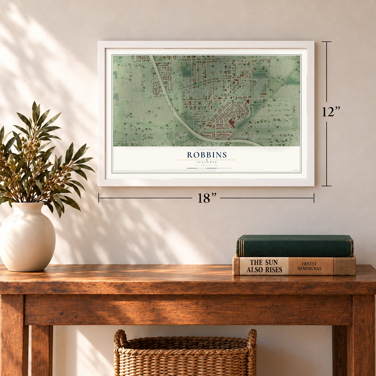 Robbins, Illinois map, 12 x 18 inch print in a white frame in an entryway