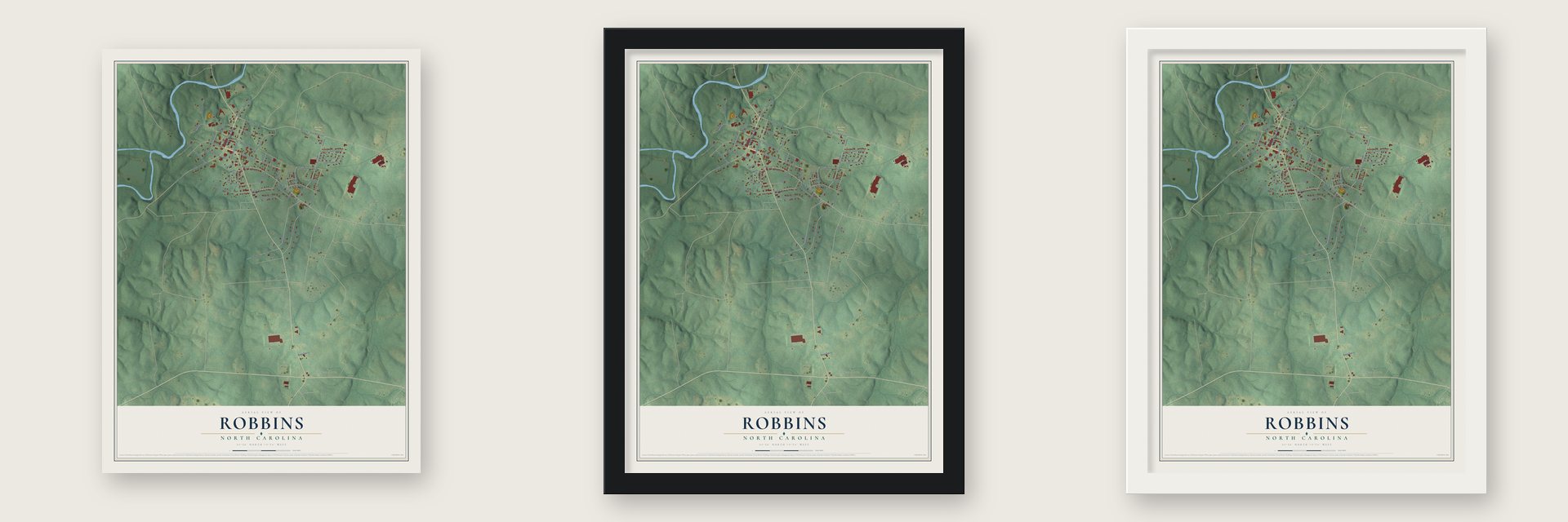 Robbins, North Carolina map unframed, in a black wood frame and in a white wood frame