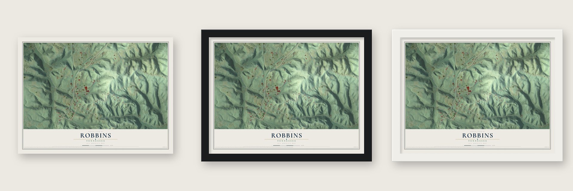 Robbins, Tennessee map unframed, in a black wood frame and in a white wood frame