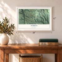 Robbins, Tennessee map, 12 x 18 inch print in a white frame in an entryway