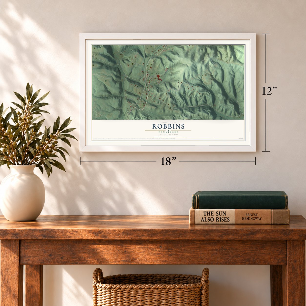 Robbins, Tennessee map, 12 x 18 inch print in a white frame in an entryway