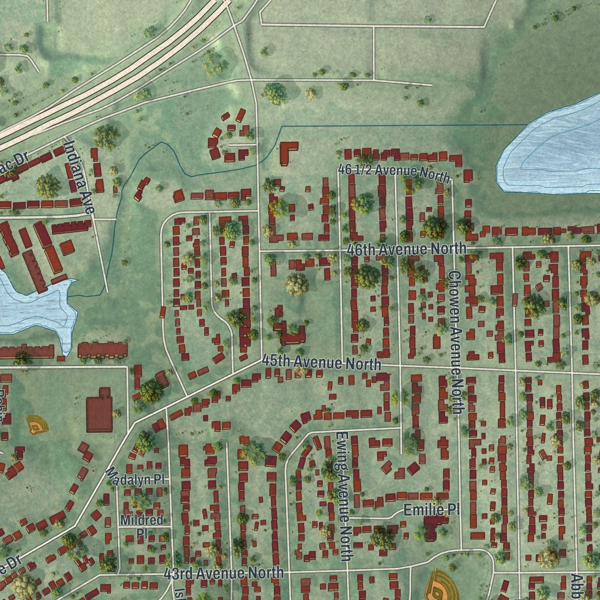 Second close-up of the map of Robbinsdale, Minnesota print showing more streets and buildings
