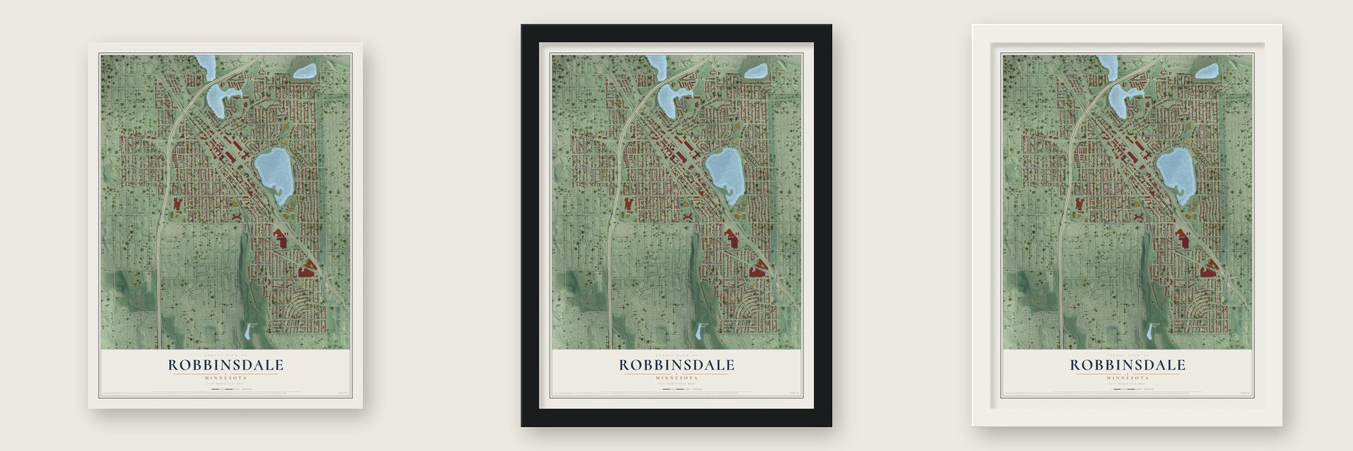 Robbinsdale, Minnesota map unframed, in a black wood frame and in a white wood frame
