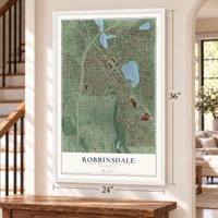 Robbinsdale, Minnesota map, 24 x 36 inch print in a white frame by a staircase