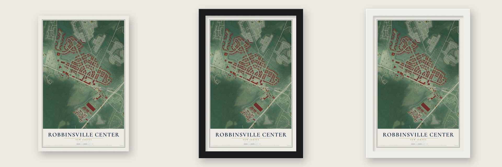 Robbinsville Center, New Jersey map unframed, in a black wood frame and in a white wood frame