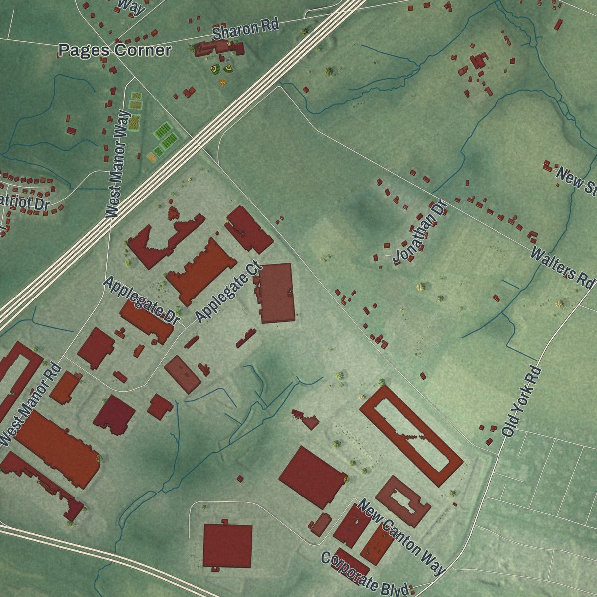 Second close-up of the map of Robbinsville, New Jersey print showing more streets and buildings