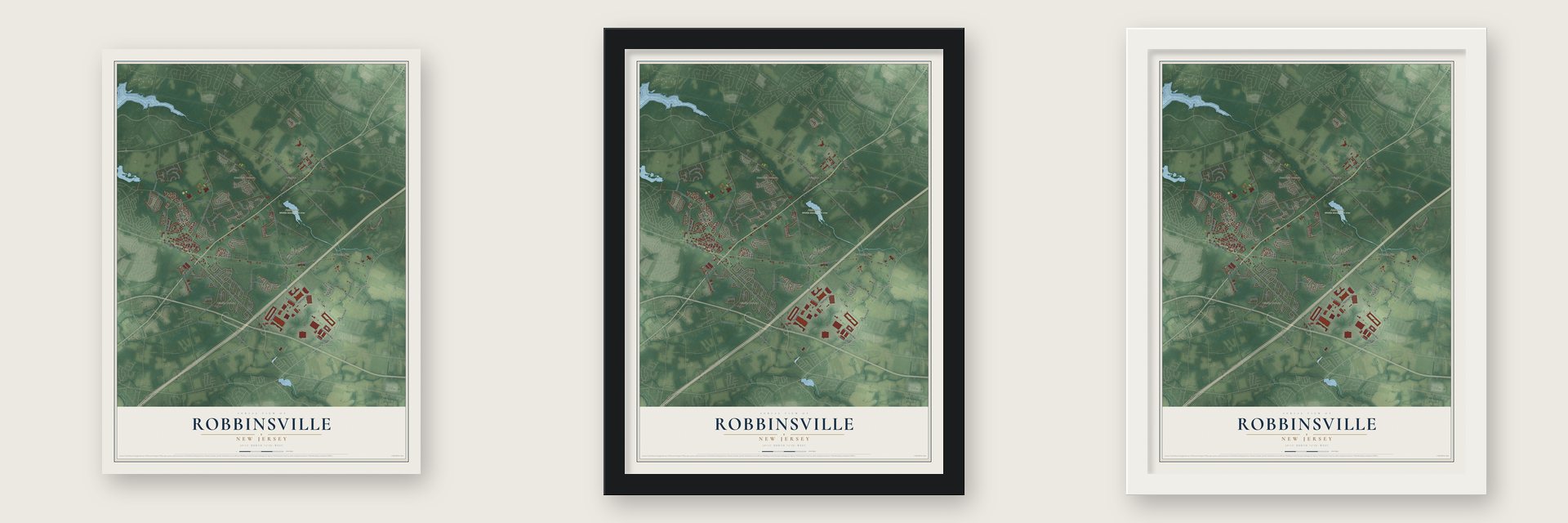 Robbinsville, New Jersey map unframed, in a black wood frame and in a white wood frame