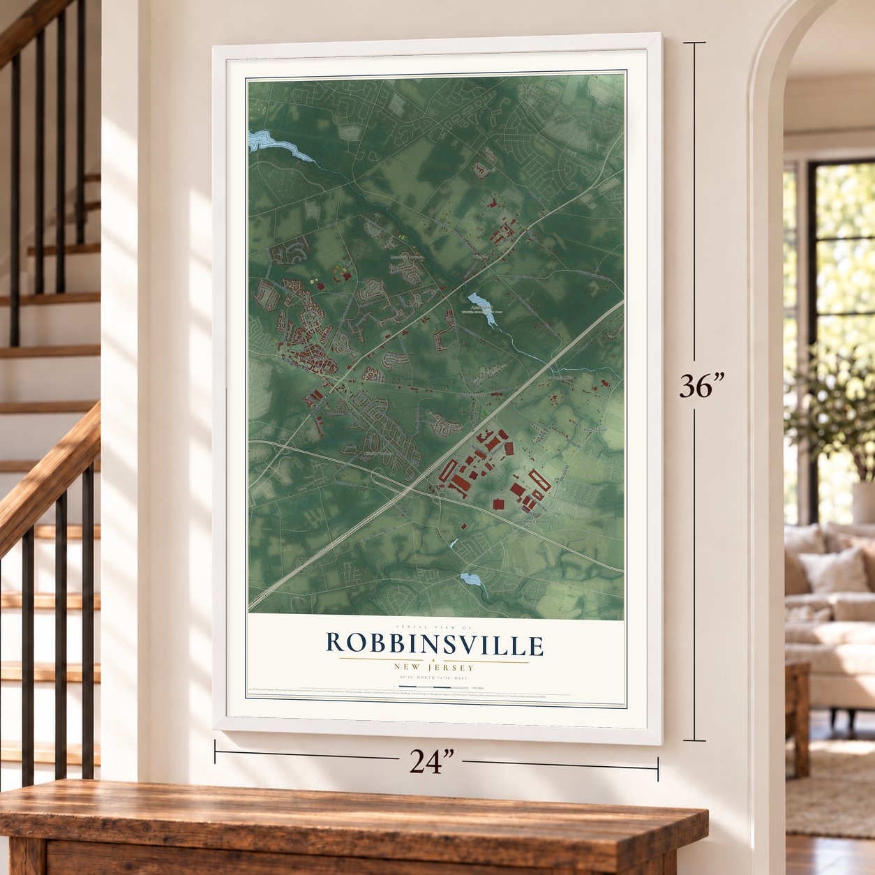 Robbinsville, New Jersey map, 24 x 36 inch print in a white frame by a staircase