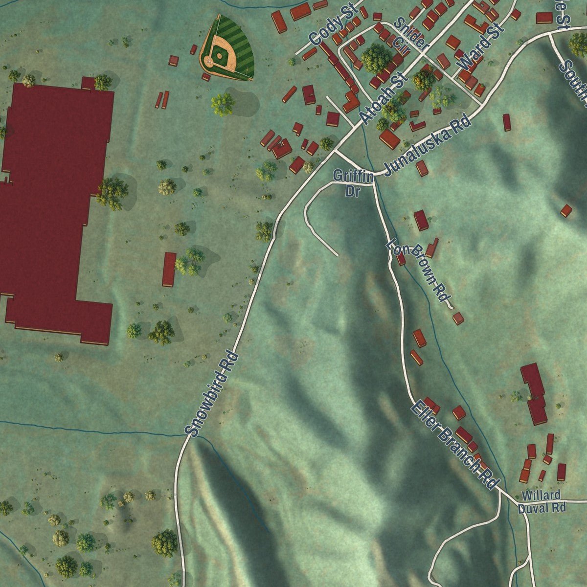 Second close-up of the map of Robbinsville, North Carolina print showing more streets and buildings