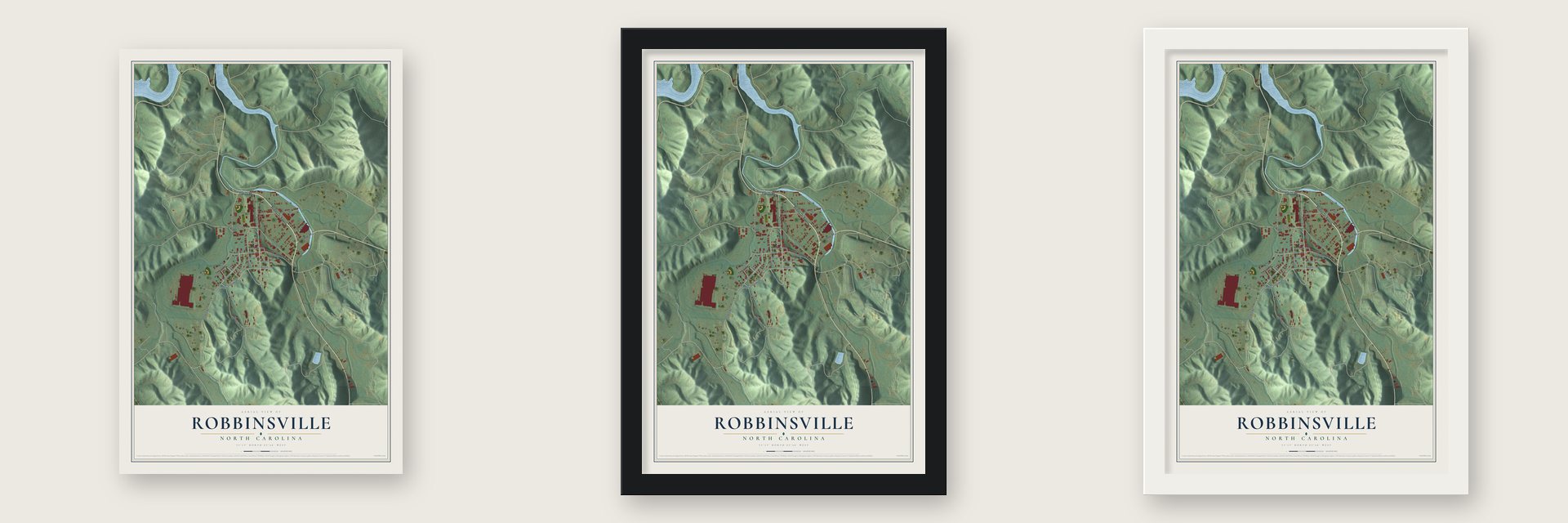 Robbinsville, North Carolina map unframed, in a black wood frame and in a white wood frame