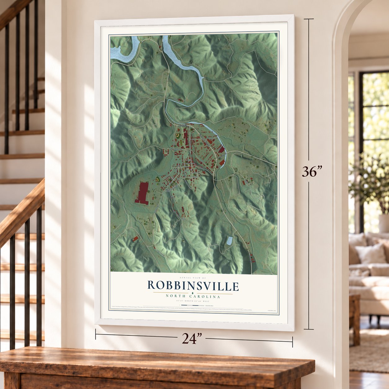 Robbinsville, North Carolina map, 24 x 36 inch print in a white frame by a staircase