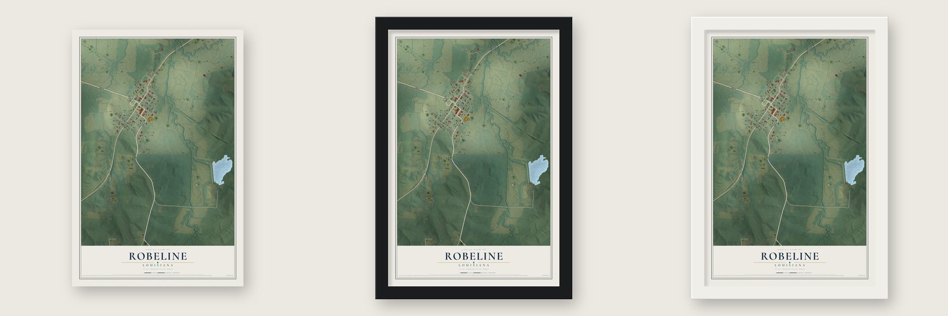 Robeline, Louisiana map unframed, in a black wood frame and in a white wood frame