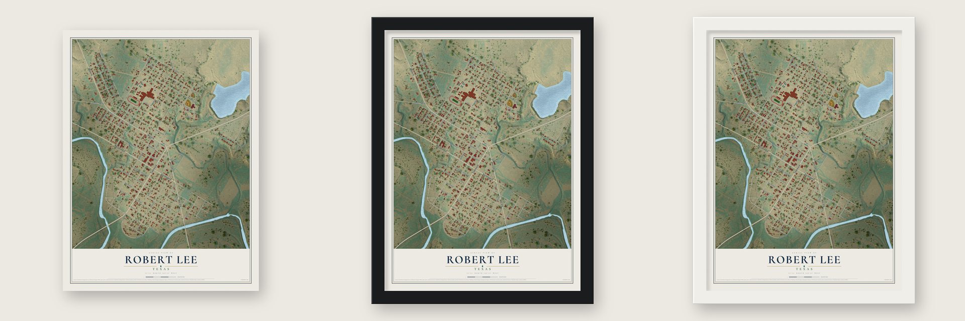 Robert Lee, Texas map unframed, in a black wood frame and in a white wood frame