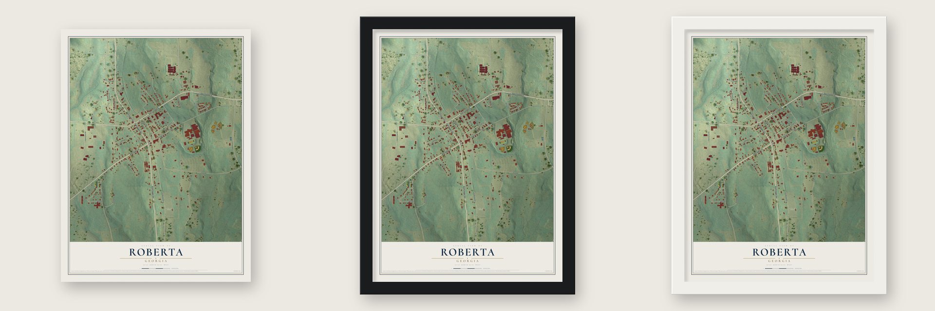Roberta, Georgia map unframed, in a black wood frame and in a white wood frame