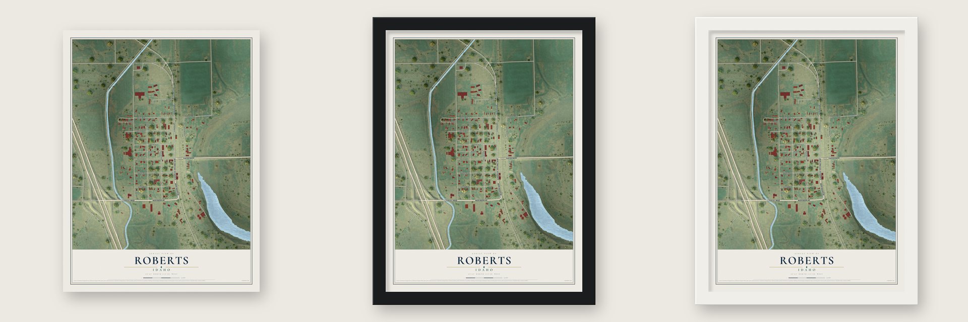 Roberts, Idaho map unframed, in a black wood frame and in a white wood frame