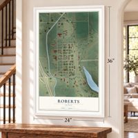 Roberts, Idaho map, 24 x 36 inch print in a white frame by a staircase