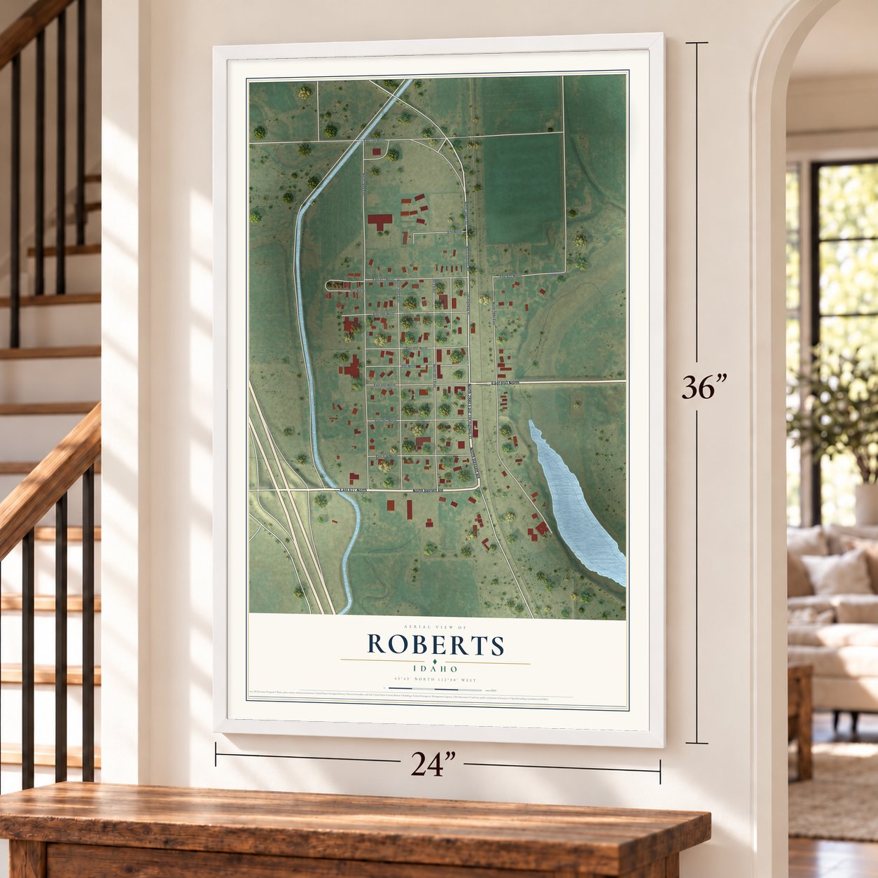 Roberts, Idaho map, 24 x 36 inch print in a white frame by a staircase