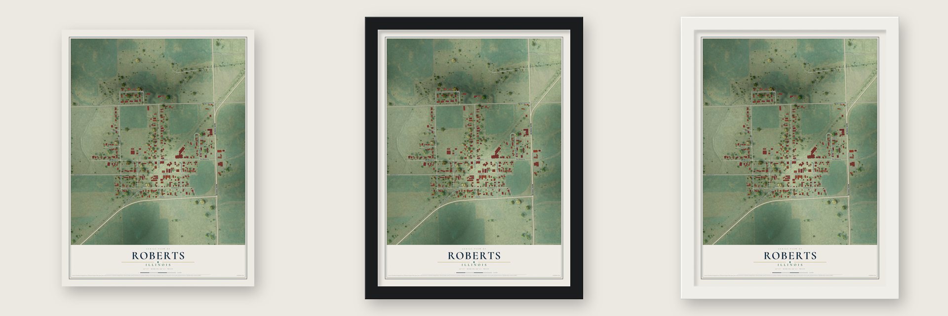 Roberts, Illinois map unframed, in a black wood frame and in a white wood frame