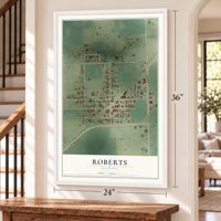 Roberts, Illinois map, 24 x 36 inch print in a white frame by a staircase
