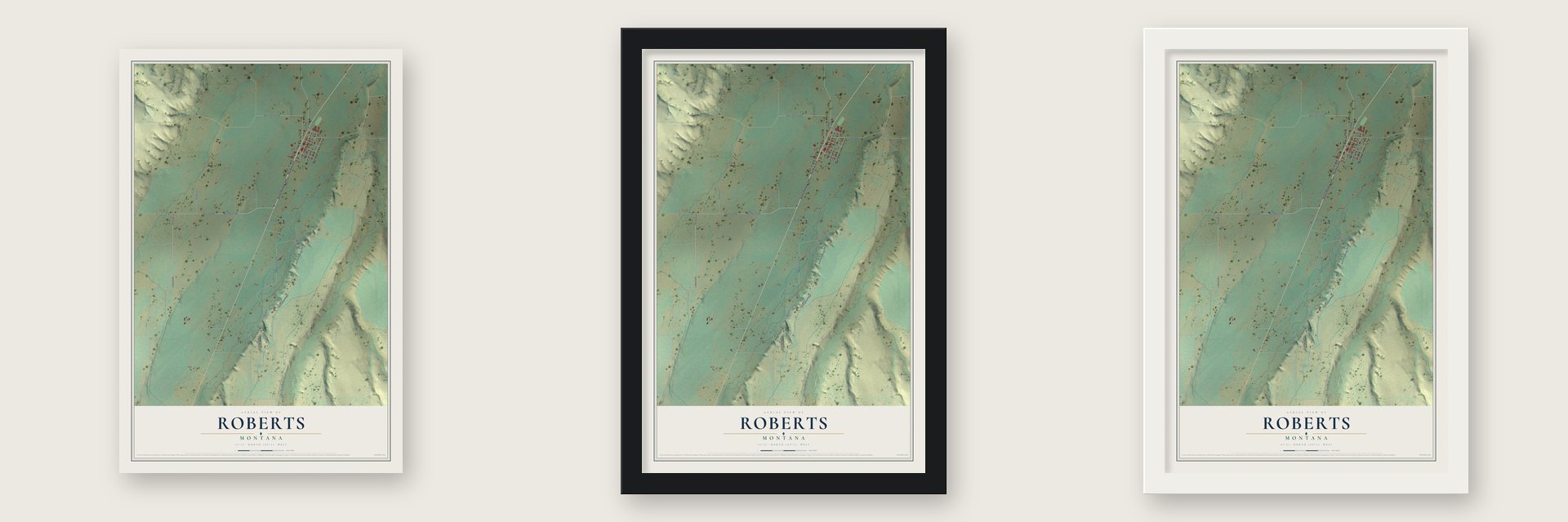 Roberts, Montana map unframed, in a black wood frame and in a white wood frame