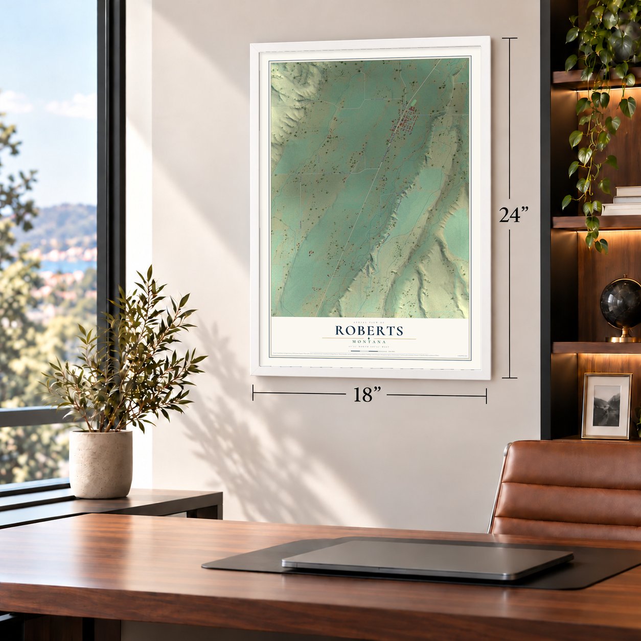 Roberts, Montana map, 18 x 24 inch print in a white frame in a home office