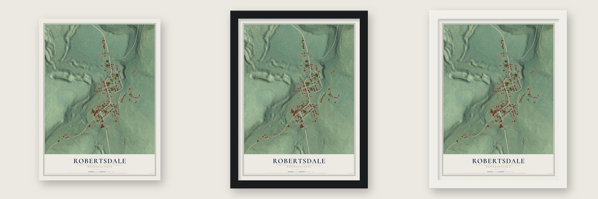 Robertsdale, Pennsylvania map unframed, in a black wood frame and in a white wood frame