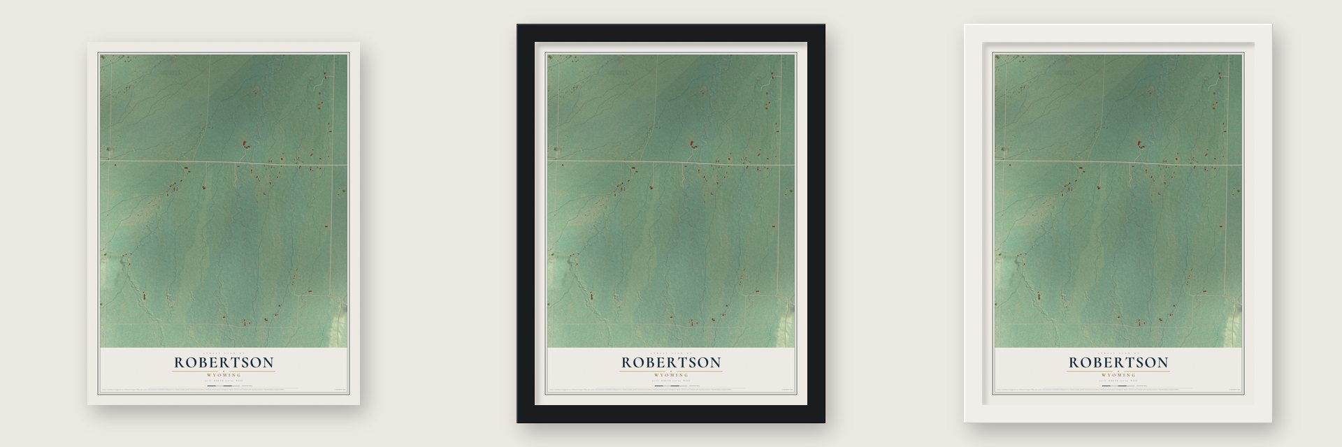 Robertson, Wyoming map unframed, in a black wood frame and in a white wood frame