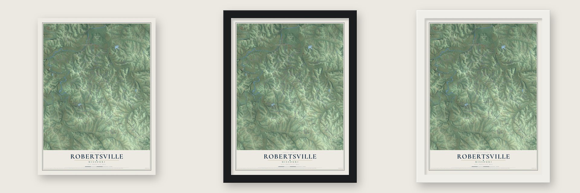 Robertsville, Missouri map unframed, in a black wood frame and in a white wood frame